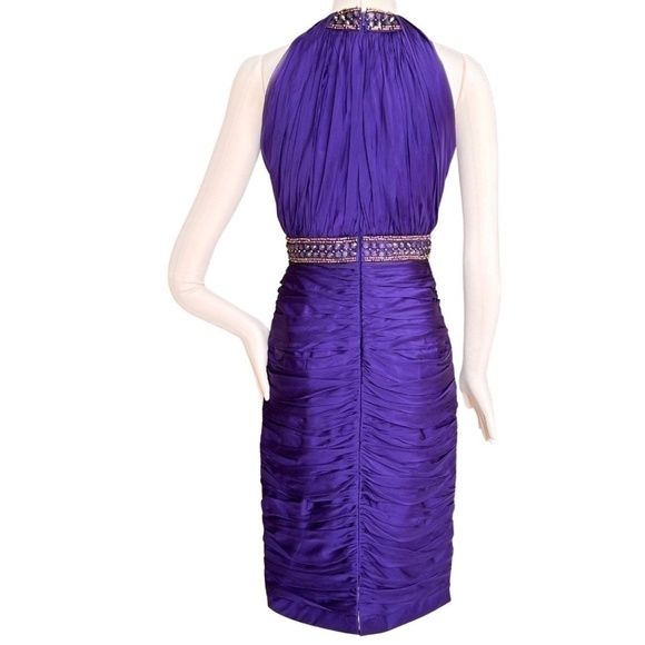 Carmen Marc Valvo Silk Purple Beaded Halter Ruched Cocktail Dress Size 8 - Picture 2 of 7